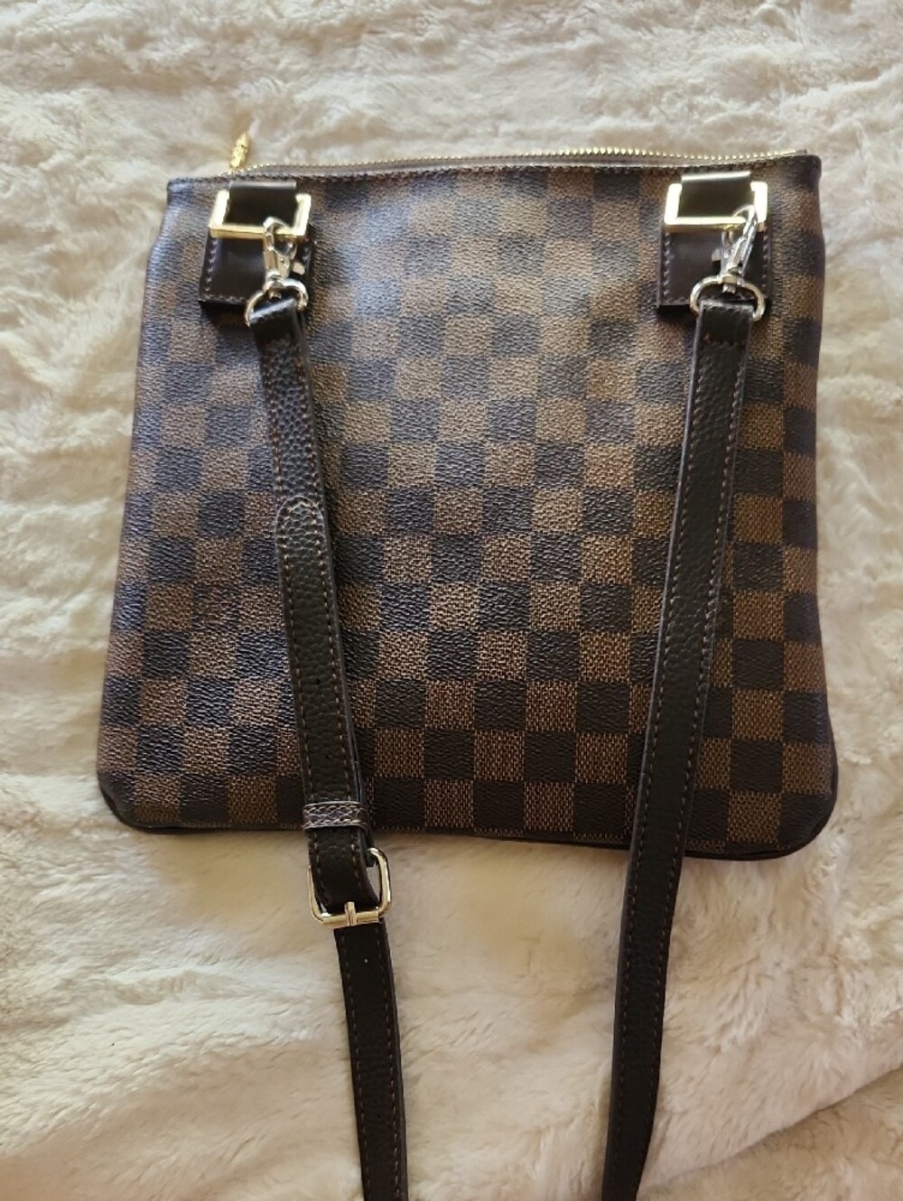 Faux Lv Brown Checkered Crossbody Bag with Gold Hardware - Picture 2 of 4